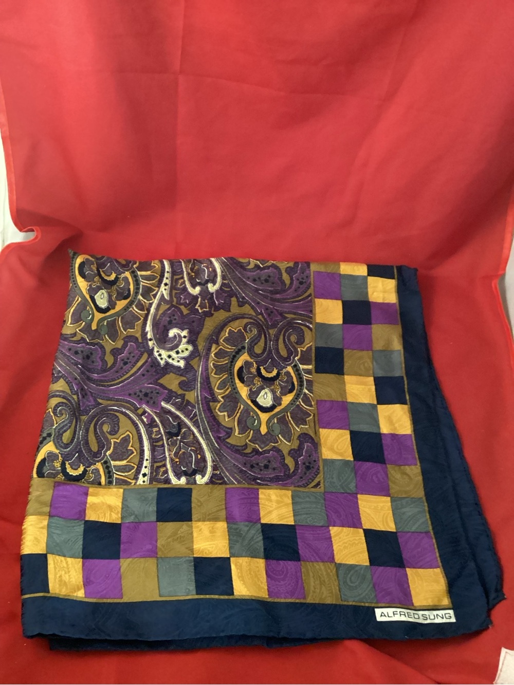 ALFRED SUNG Purple, Gold, Navy Blue Patterned Scarf